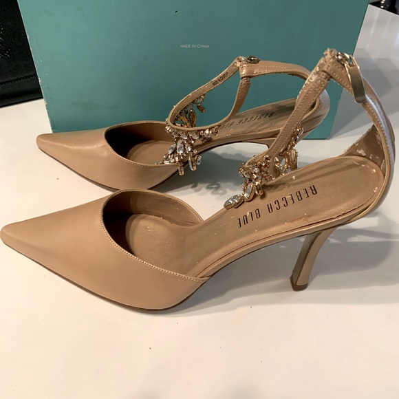 Rebecca Blue, dress shoes size 10, Gold, crystal details around ankle strap. 4” - Picture 1 of 10